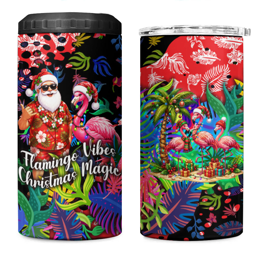 Christmas In July Flamingo 4 in 1 Can Cooler Tumbler Magic Santa Claus Festive Tropical Hawaiian Beach Birds