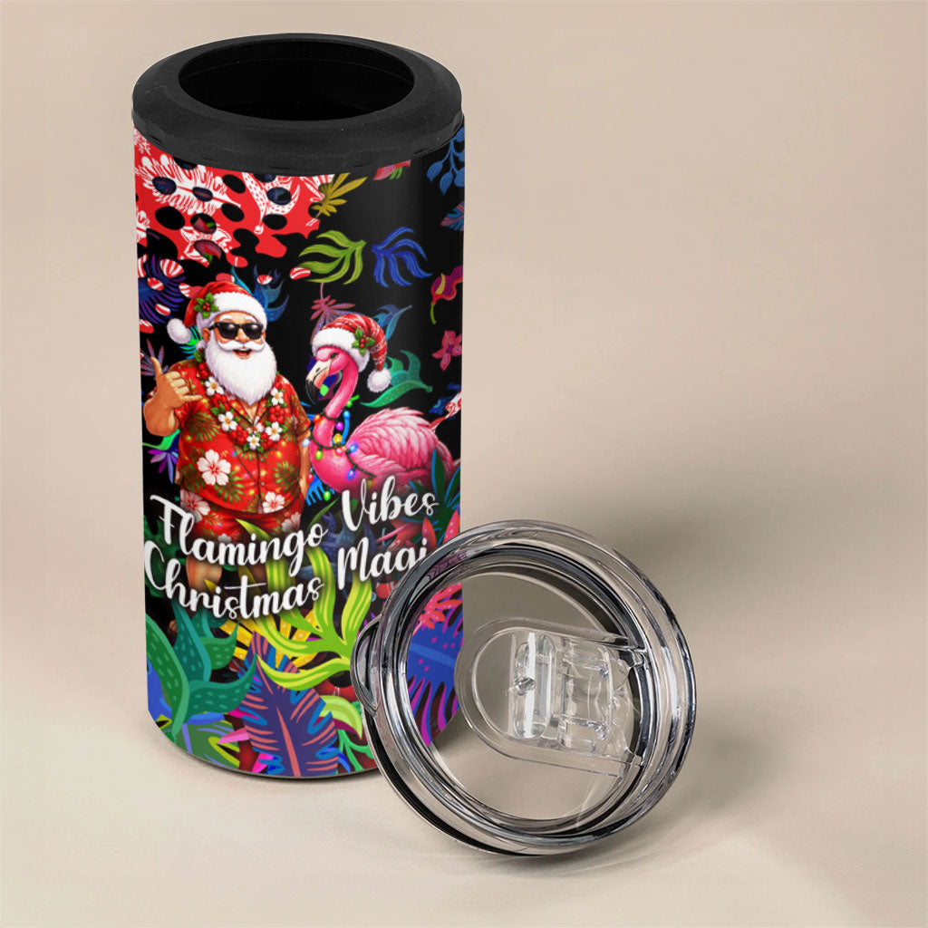 Christmas In July Flamingo 4 in 1 Can Cooler Tumbler Magic Santa Claus Festive Tropical Hawaiian Beach Birds