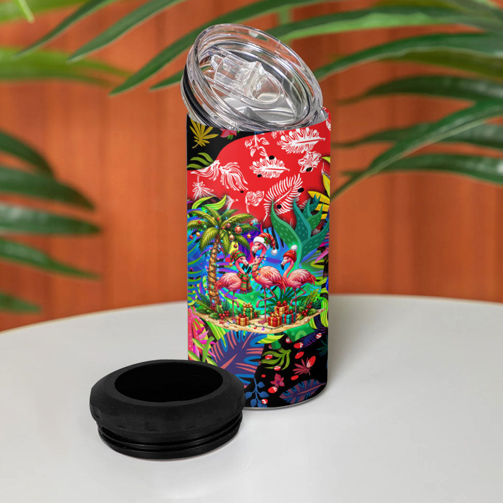 Christmas In July Flamingo 4 in 1 Can Cooler Tumbler Magic Santa Claus Festive Tropical Hawaiian Beach Birds
