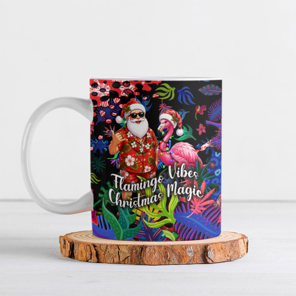Christmas In July Flamingo Ceramic Mug Magic Santa Claus Festive Tropical Hawaiian Beach Birds