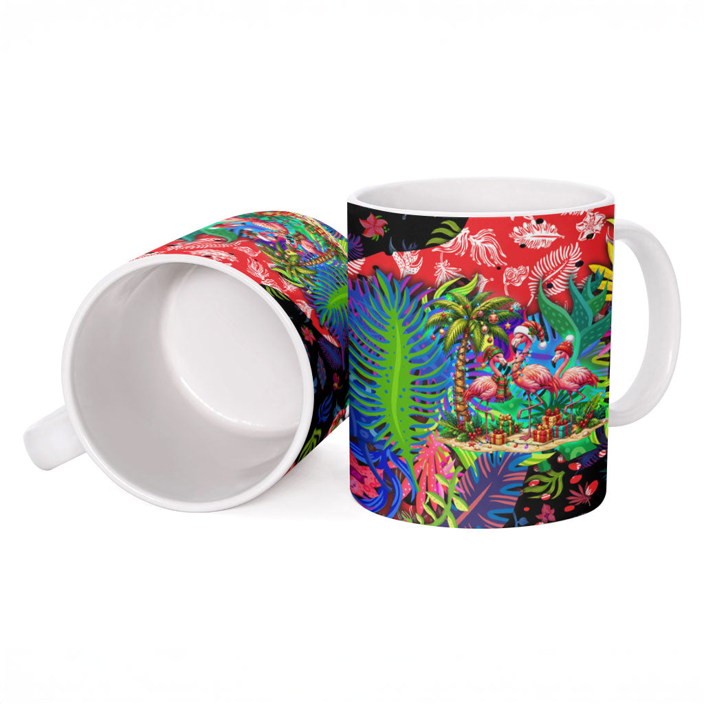 Christmas In July Flamingo Ceramic Mug Magic Santa Claus Festive Tropical Hawaiian Beach Birds