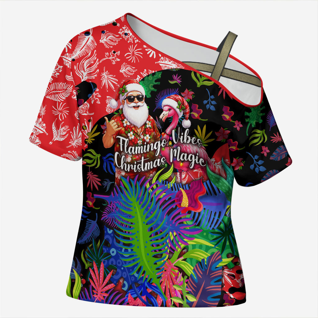 Christmas In July Flamingo Cross Shoulder Shirt Magic Santa Claus Festive Tropical Hawaiian Beach Birds