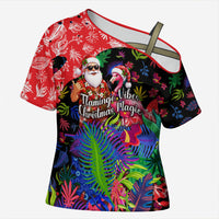 Christmas In July Flamingo Cross Shoulder Shirt Magic Santa Claus Festive Tropical Hawaiian Beach Birds