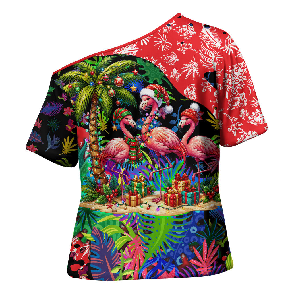 Christmas In July Flamingo Cross Shoulder Shirt Magic Santa Claus Festive Tropical Hawaiian Beach Birds