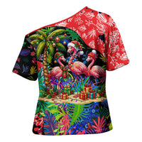 Christmas In July Flamingo Cross Shoulder Shirt Magic Santa Claus Festive Tropical Hawaiian Beach Birds