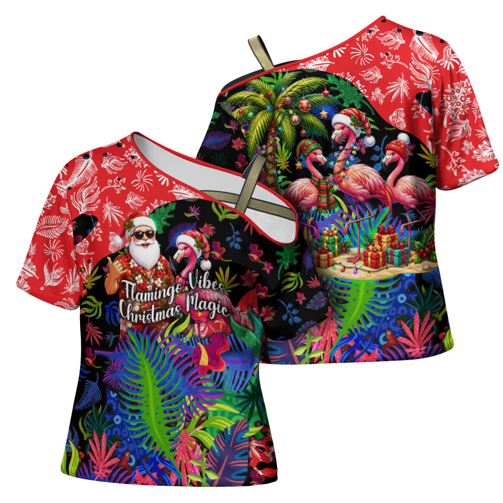 Christmas In July Flamingo Cross Shoulder Shirt Magic Santa Claus Festive Tropical Hawaiian Beach Birds