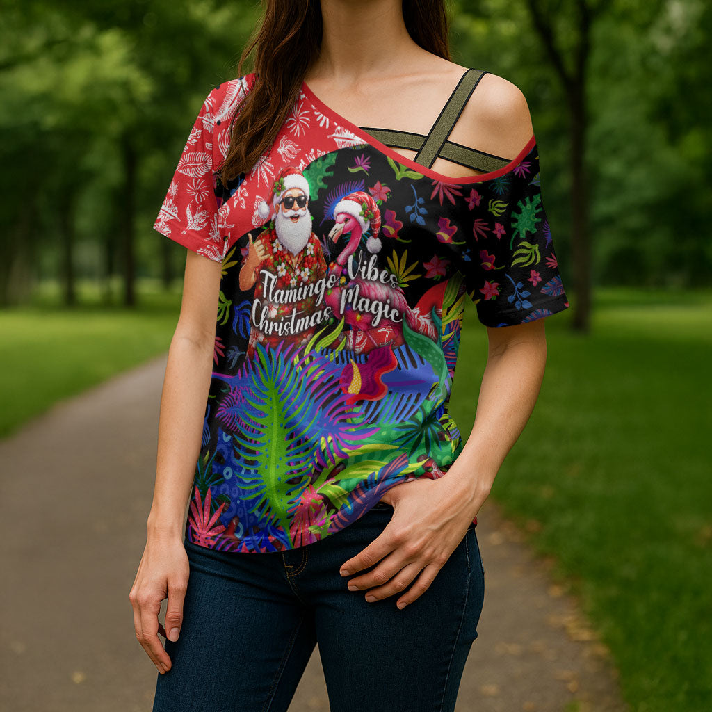 Christmas In July Flamingo Cross Shoulder Shirt Magic Santa Claus Festive Tropical Hawaiian Beach Birds