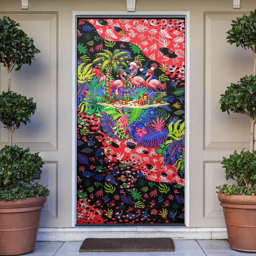 Christmas In July Flamingo Door Cover Magic Santa Claus Festive Tropical Hawaiian Beach Birds