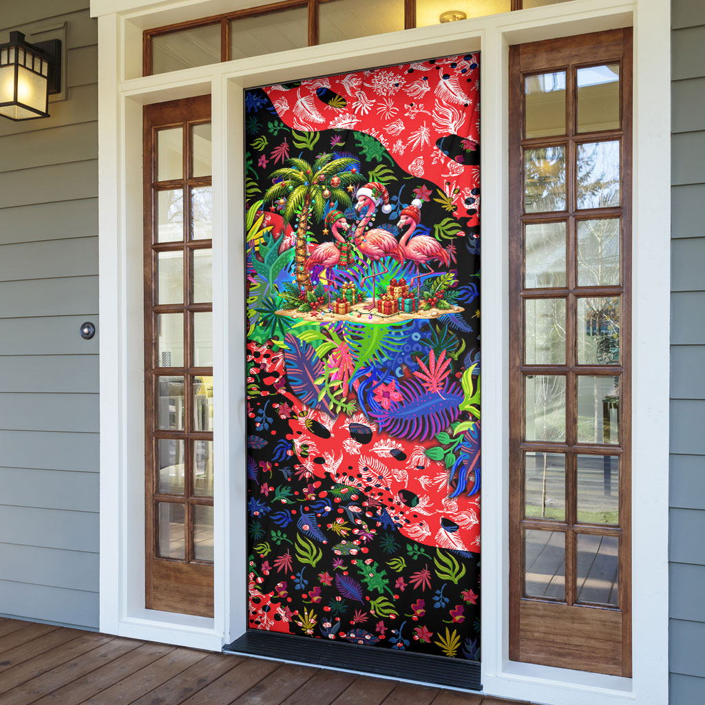 Christmas In July Flamingo Door Cover Magic Santa Claus Festive Tropical Hawaiian Beach Birds