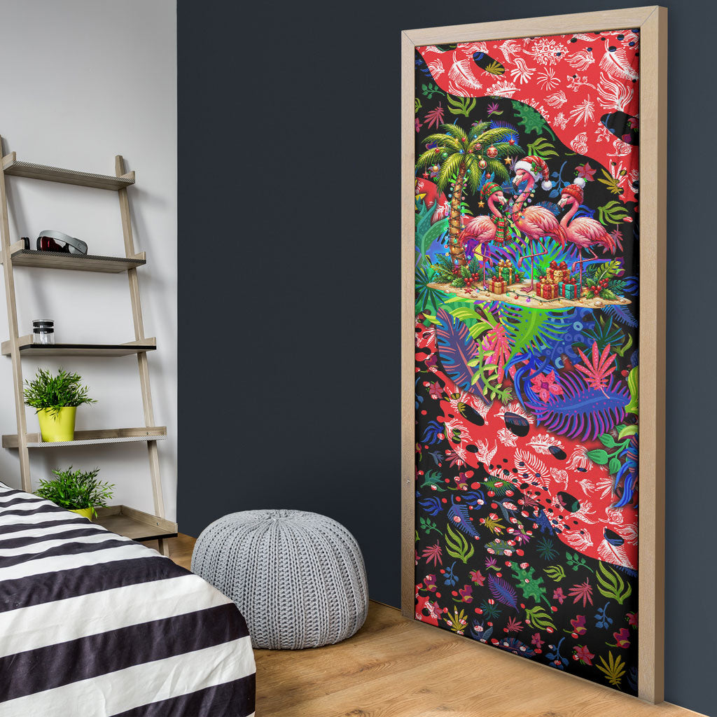 Christmas In July Flamingo Door Cover Magic Santa Claus Festive Tropical Hawaiian Beach Birds