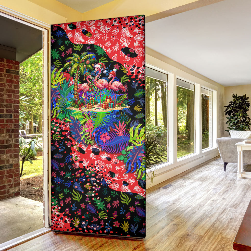 Christmas In July Flamingo Door Cover Magic Santa Claus Festive Tropical Hawaiian Beach Birds