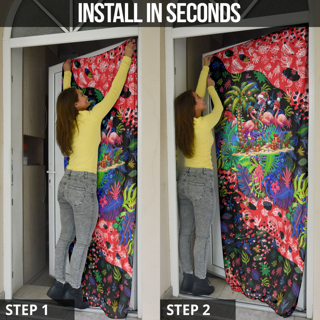 Christmas In July Flamingo Door Cover Magic Santa Claus Festive Tropical Hawaiian Beach Birds