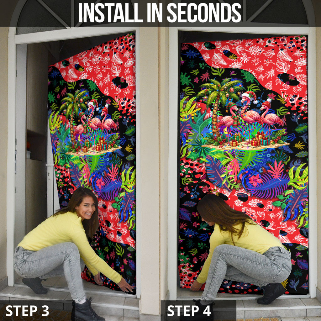 Christmas In July Flamingo Door Cover Magic Santa Claus Festive Tropical Hawaiian Beach Birds