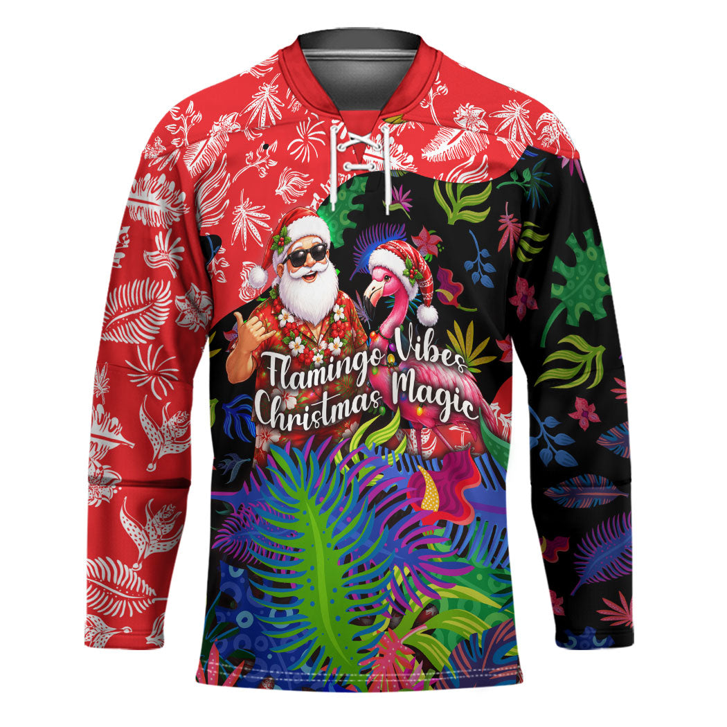 Christmas In July Flamingo Hockey Jersey Magic Santa Claus Festive Tropical Hawaiian Beach Birds