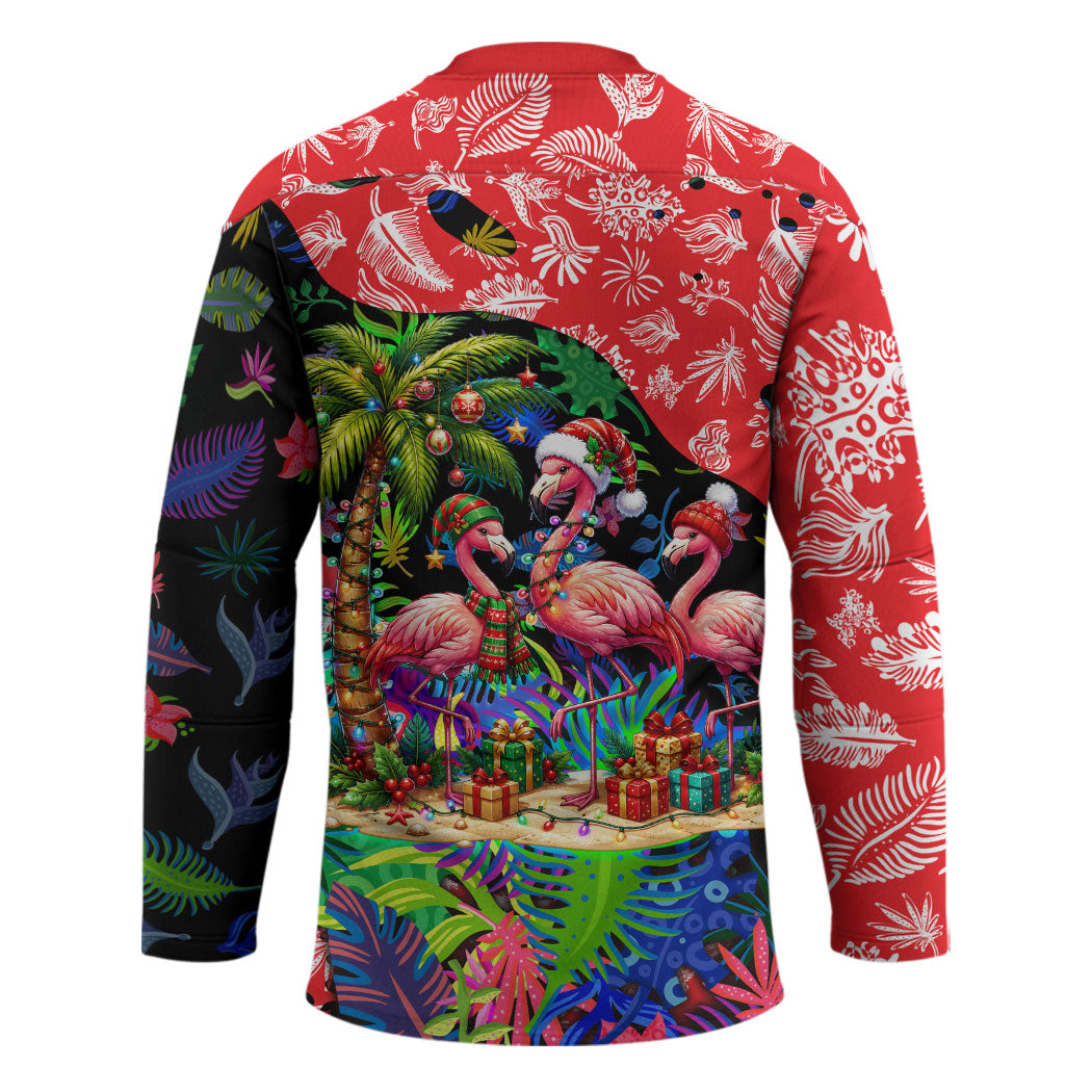 Christmas In July Flamingo Hockey Jersey Magic Santa Claus Festive Tropical Hawaiian Beach Birds