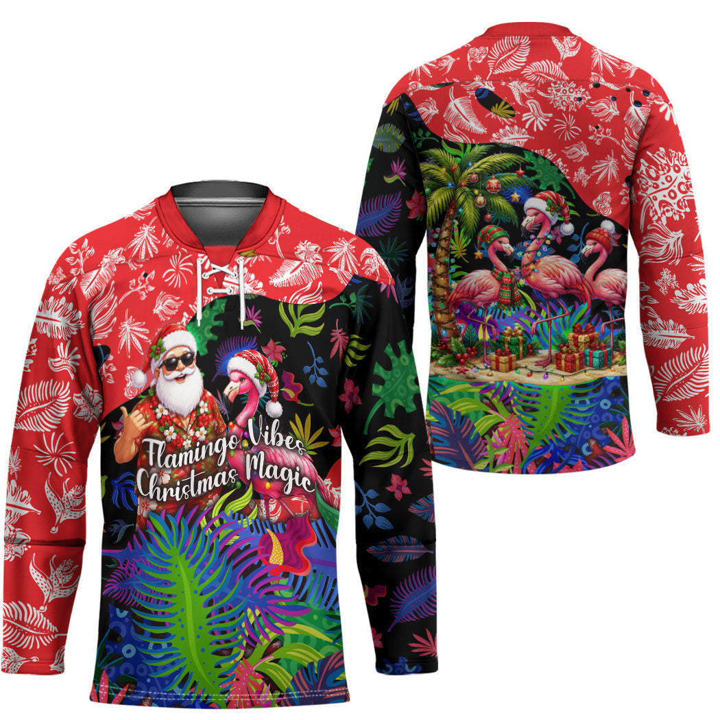 Christmas In July Flamingo Hockey Jersey Magic Santa Claus Festive Tropical Hawaiian Beach Birds