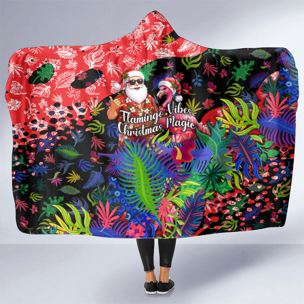 Christmas In July Flamingo Hooded Blanket Magic Santa Claus Festive Tropical Hawaiian Beach Birds