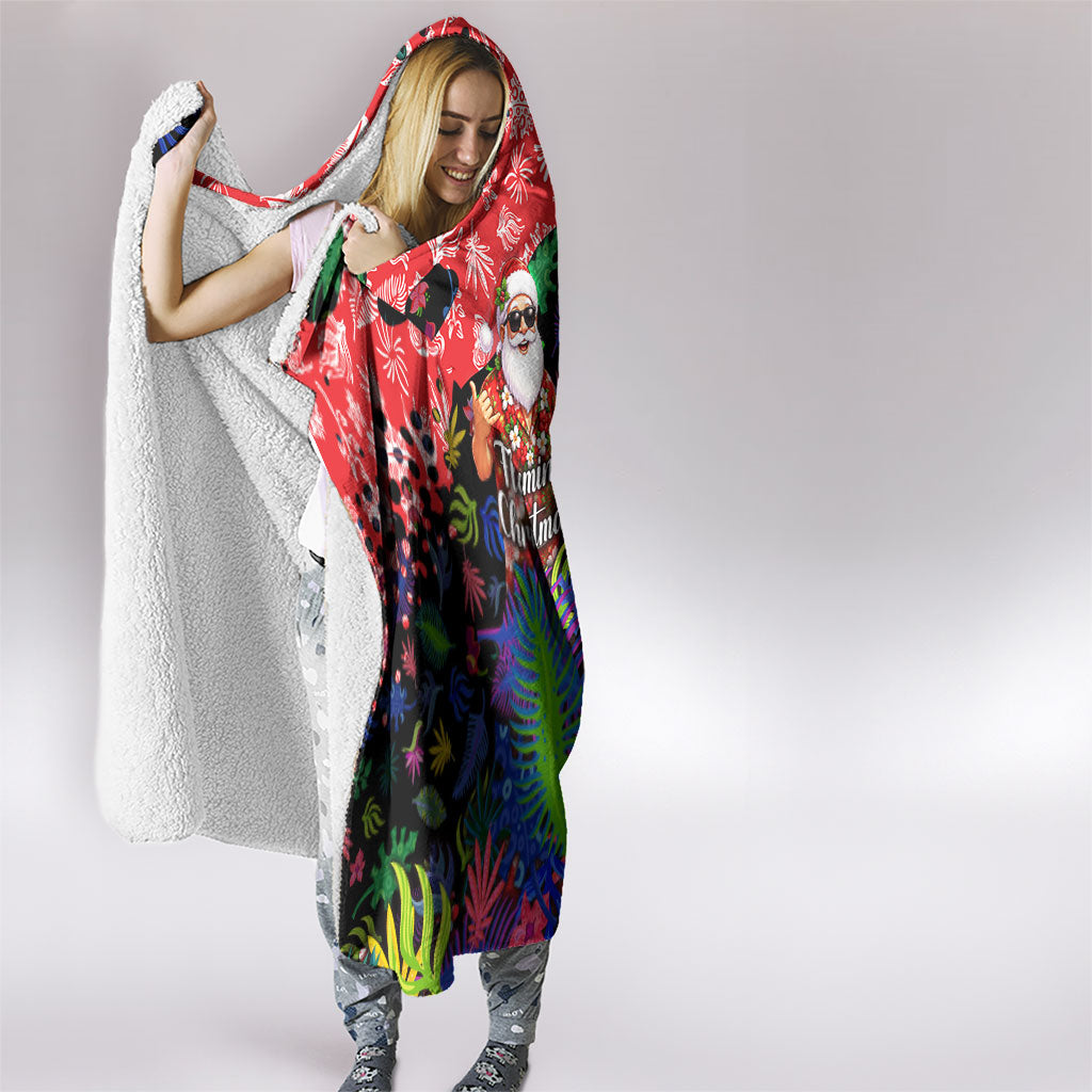 Christmas In July Flamingo Hooded Blanket Magic Santa Claus Festive Tropical Hawaiian Beach Birds