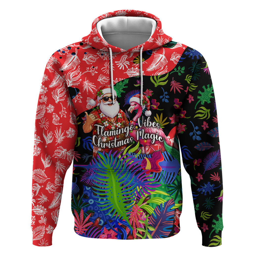 Christmas In July Flamingo Hoodie Magic Santa Claus Festive Tropical Hawaiian Beach Birds