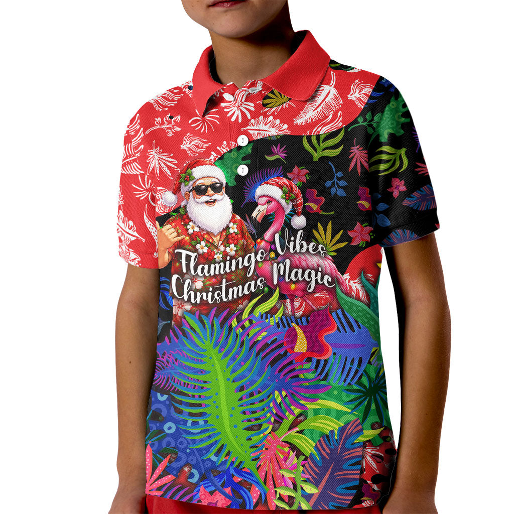 Christmas In July Flamingo Kid Polo Shirt Magic Santa Claus Festive Tropical Hawaiian Beach Birds