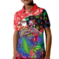 Christmas In July Flamingo Kid Polo Shirt Magic Santa Claus Festive Tropical Hawaiian Beach Birds