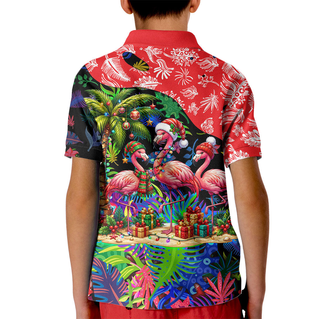 Christmas In July Flamingo Kid Polo Shirt Magic Santa Claus Festive Tropical Hawaiian Beach Birds