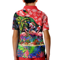 Christmas In July Flamingo Kid Polo Shirt Magic Santa Claus Festive Tropical Hawaiian Beach Birds