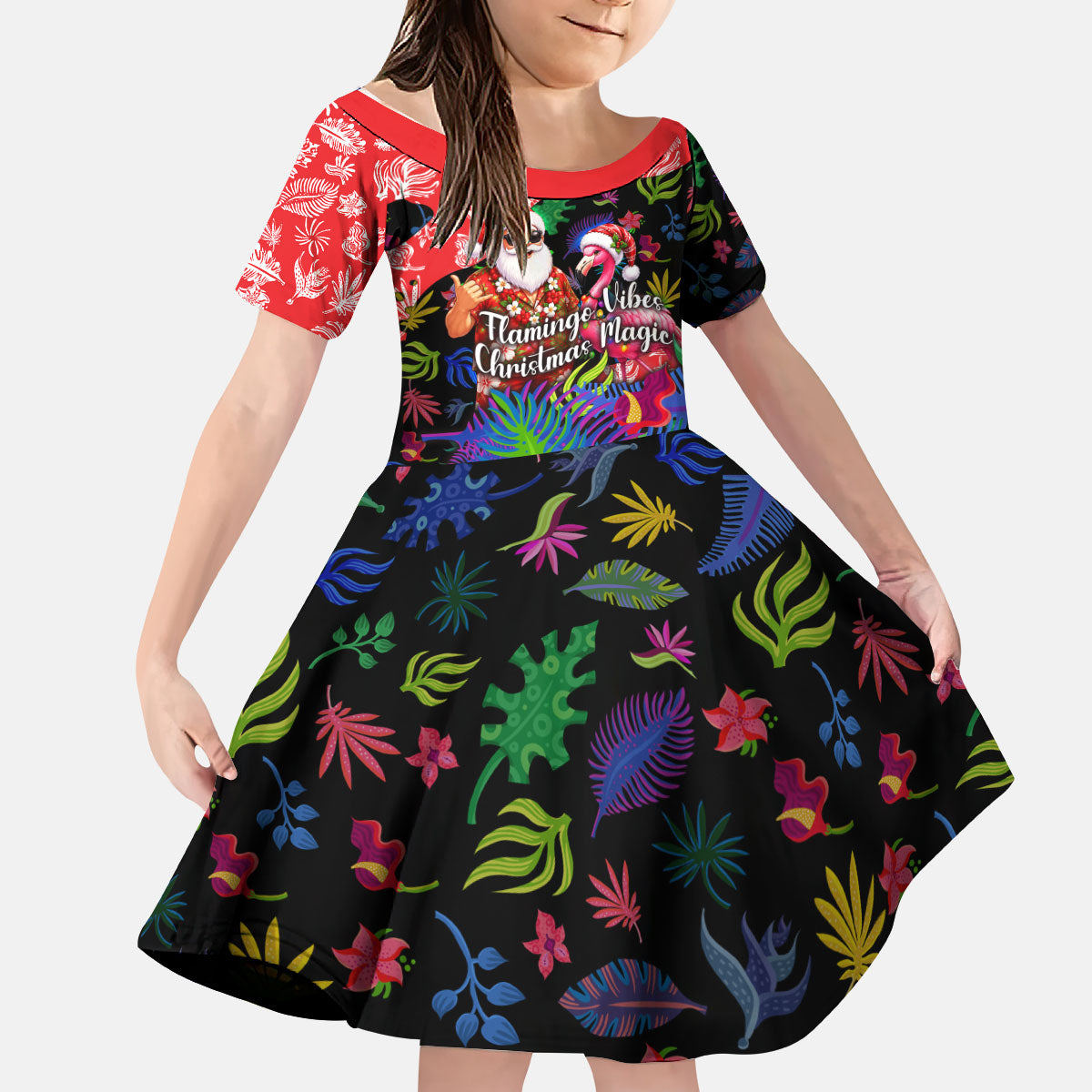 Christmas In July Flamingo Kid Short Sleeve Dress Magic Santa Claus Festive Tropical Hawaiian Beach Birds