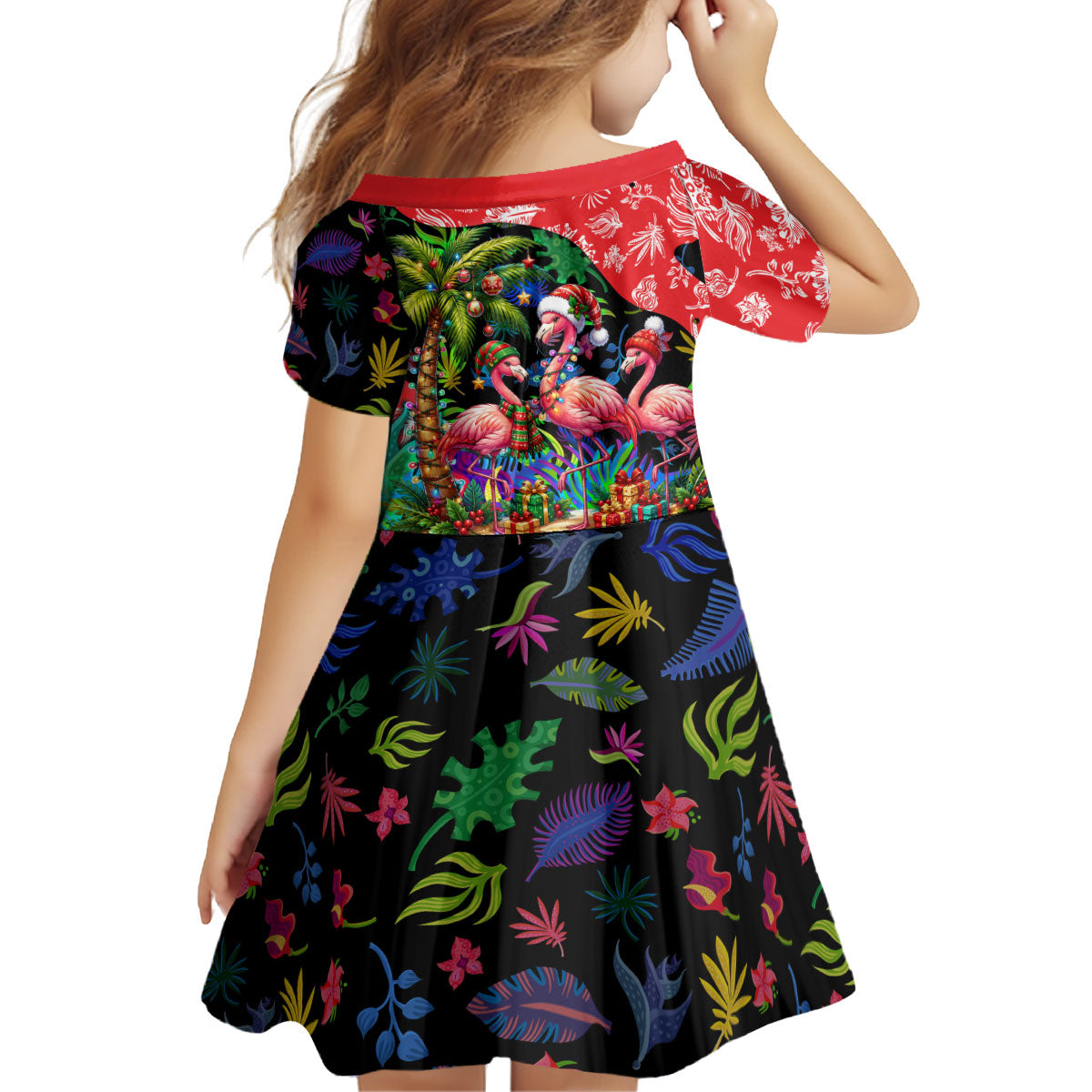 Christmas In July Flamingo Kid Short Sleeve Dress Magic Santa Claus Festive Tropical Hawaiian Beach Birds