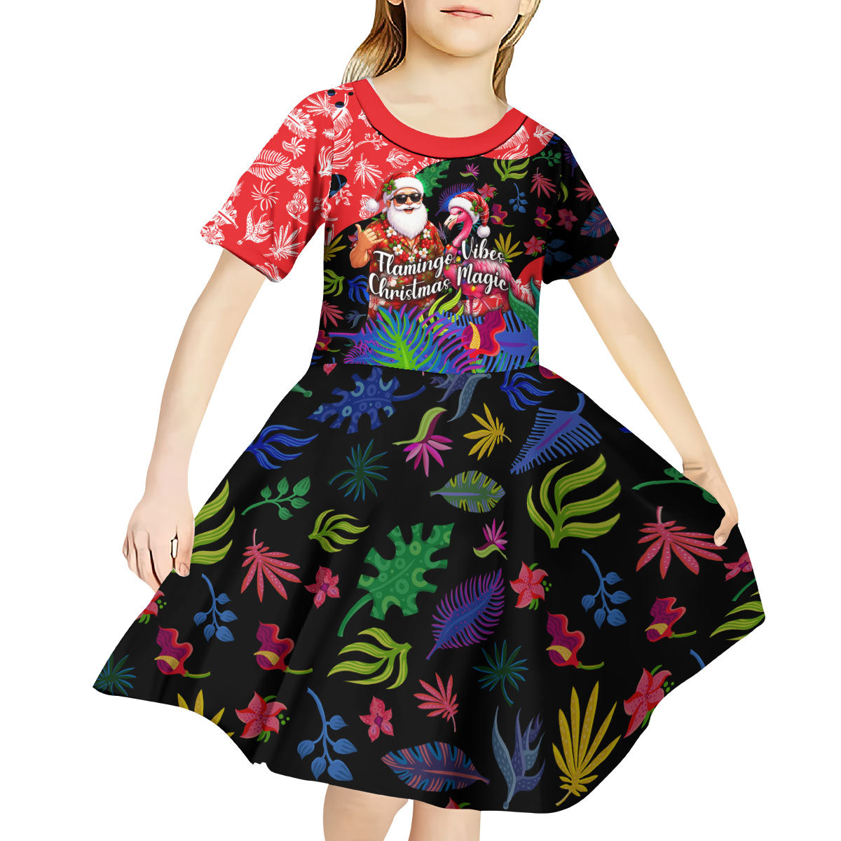 Christmas In July Flamingo Kid Short Sleeve Dress Magic Santa Claus Festive Tropical Hawaiian Beach Birds