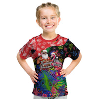 Christmas In July Flamingo Kid T Shirt Magic Santa Claus Festive Tropical Hawaiian Beach Birds