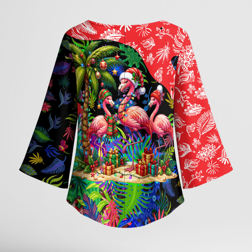 Christmas In July Flamingo Kimono Sleeve Blouse Magic Santa Claus Festive Tropical Hawaiian Beach Birds
