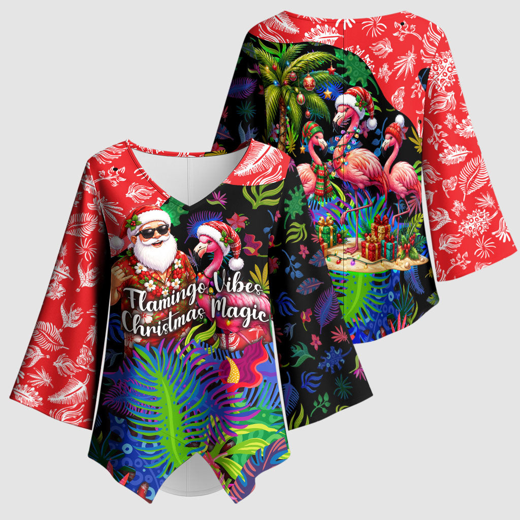 Christmas In July Flamingo Kimono Sleeve Blouse Magic Santa Claus Festive Tropical Hawaiian Beach Birds