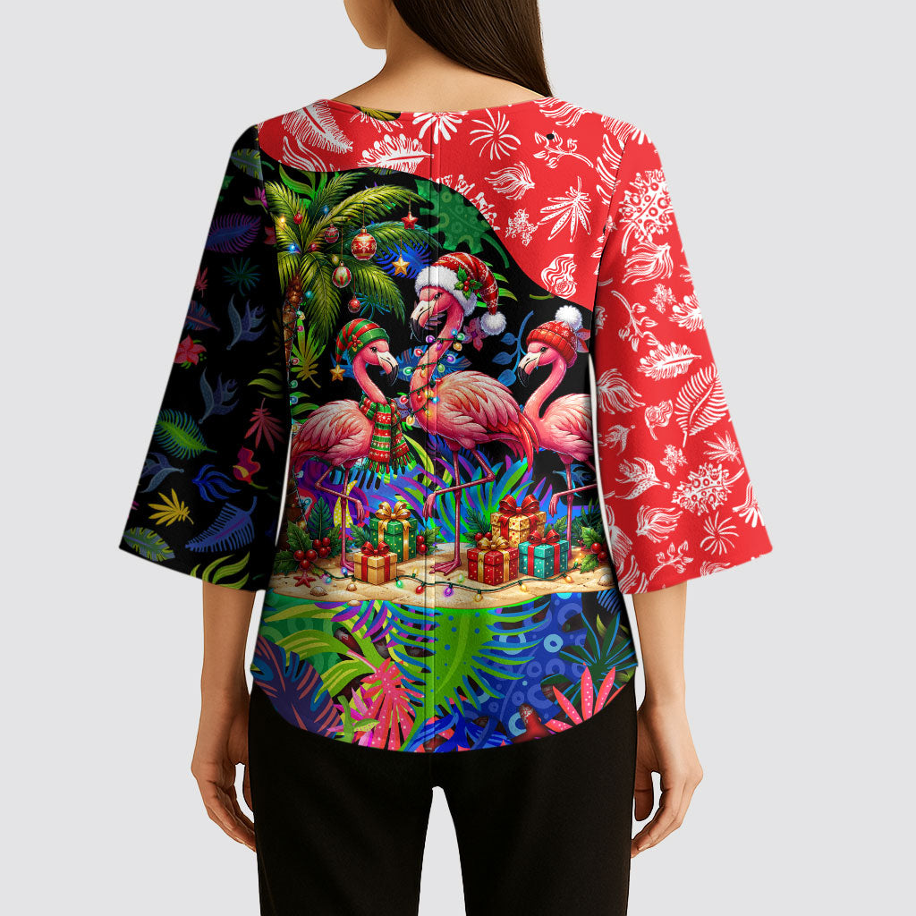 Christmas In July Flamingo Kimono Sleeve Blouse Magic Santa Claus Festive Tropical Hawaiian Beach Birds