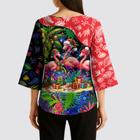 Christmas In July Flamingo Kimono Sleeve Blouse Magic Santa Claus Festive Tropical Hawaiian Beach Birds
