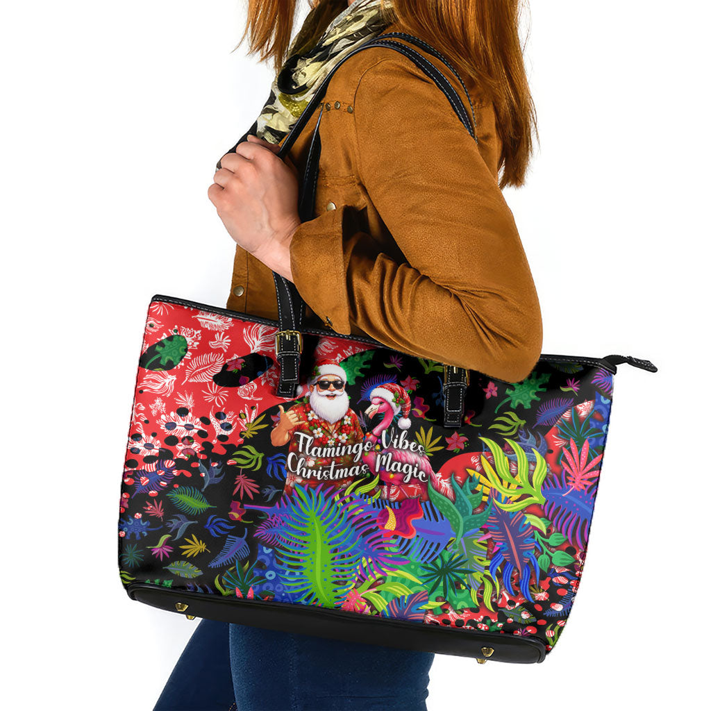 Christmas In July Flamingo Leather Tote Bag Magic Santa Claus Festive Tropical Hawaiian Beach Birds