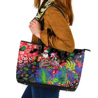 Christmas In July Flamingo Leather Tote Bag Magic Santa Claus Festive Tropical Hawaiian Beach Birds