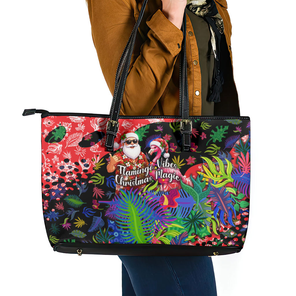 Christmas In July Flamingo Leather Tote Bag Magic Santa Claus Festive Tropical Hawaiian Beach Birds