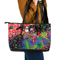 Christmas In July Flamingo Leather Tote Bag Magic Santa Claus Festive Tropical Hawaiian Beach Birds