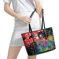 Christmas In July Flamingo Leather Tote Bag Magic Santa Claus Festive Tropical Hawaiian Beach Birds