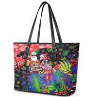 Christmas In July Flamingo Leather Tote Bag Magic Santa Claus Festive Tropical Hawaiian Beach Birds