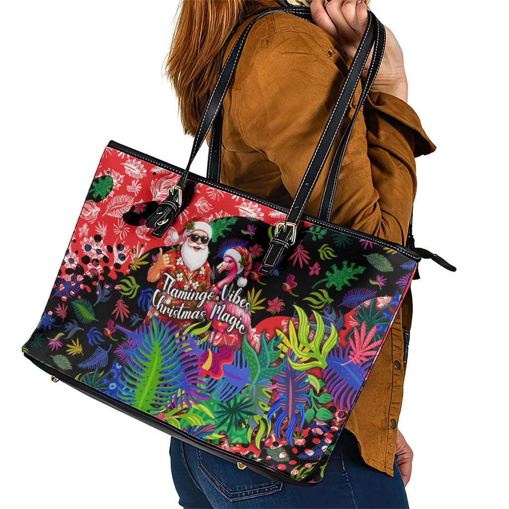 Christmas In July Flamingo Leather Tote Bag Magic Santa Claus Festive Tropical Hawaiian Beach Birds