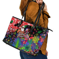 Christmas In July Flamingo Leather Tote Bag Magic Santa Claus Festive Tropical Hawaiian Beach Birds