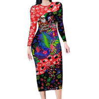 Christmas In July Flamingo Long Sleeve Bodycon Dress Magic Santa Claus Festive Tropical Hawaiian Beach Birds