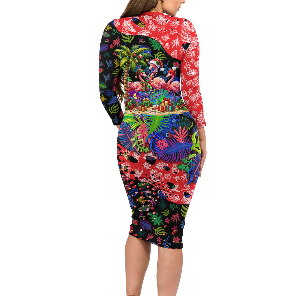 Christmas In July Flamingo Long Sleeve Bodycon Dress Magic Santa Claus Festive Tropical Hawaiian Beach Birds