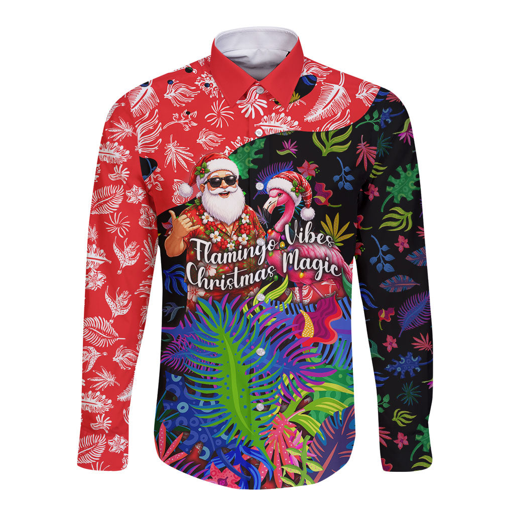 Christmas In July Flamingo Long Sleeve Button Shirt Magic Santa Claus Festive Tropical Hawaiian Beach Birds