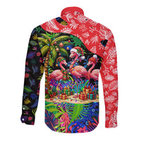 Christmas In July Flamingo Long Sleeve Button Shirt Magic Santa Claus Festive Tropical Hawaiian Beach Birds