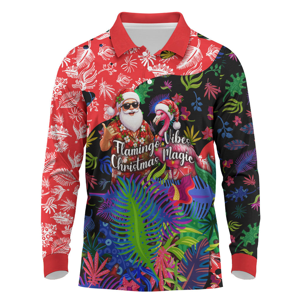 Christmas In July Flamingo Long Sleeve Polo Shirt Magic Santa Claus Festive Tropical Hawaiian Beach Birds