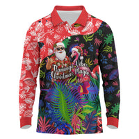Christmas In July Flamingo Long Sleeve Polo Shirt Magic Santa Claus Festive Tropical Hawaiian Beach Birds