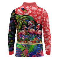 Christmas In July Flamingo Long Sleeve Polo Shirt Magic Santa Claus Festive Tropical Hawaiian Beach Birds